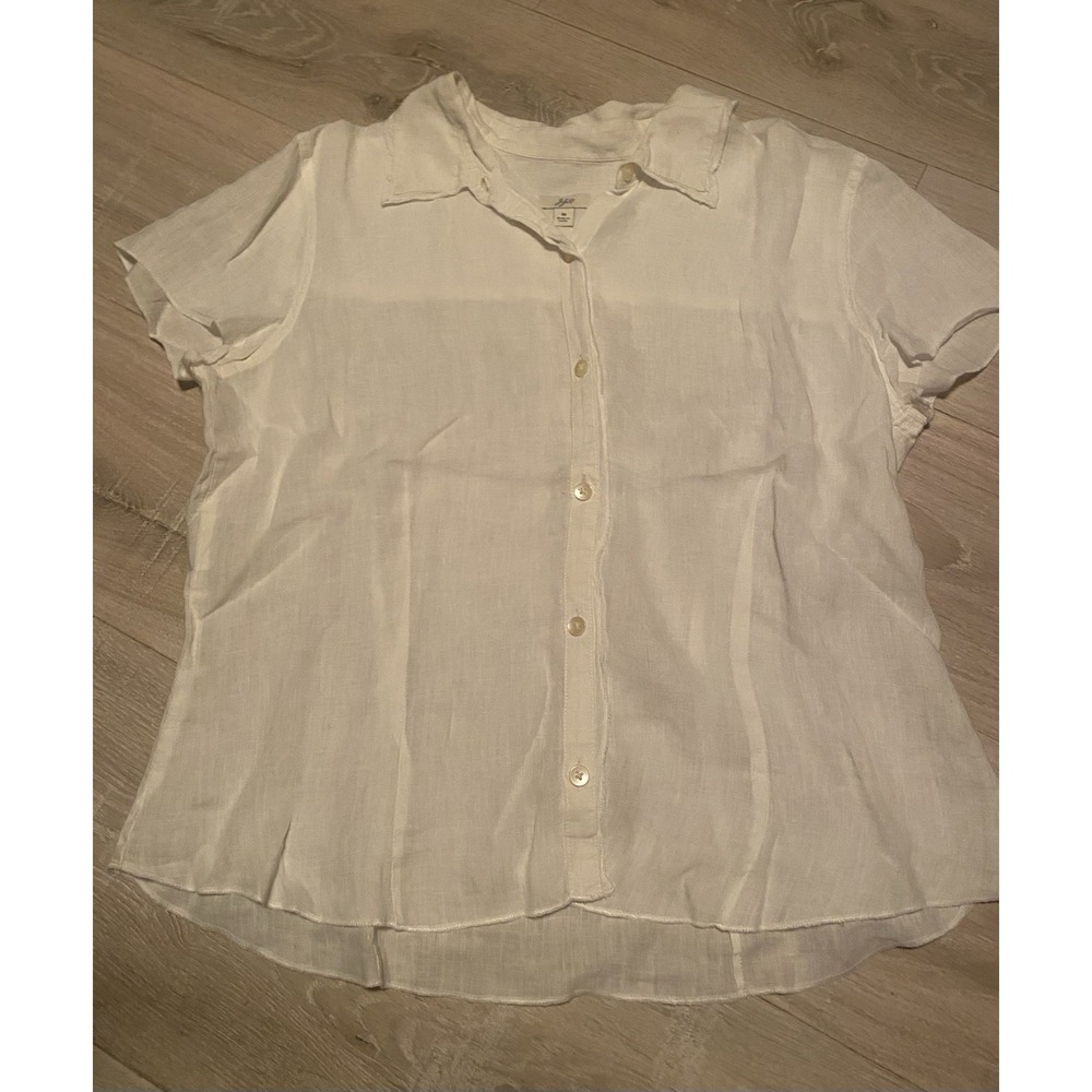 J. Jill 100% Linen Button Front Short Sleeve Shirt White Medium Relaxed Fit
